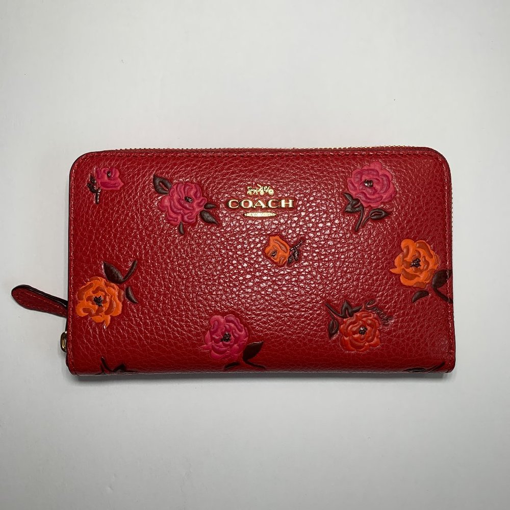 Coach Medium ID Zip Wallet with Peony Print - Gold and Red Apple Multi